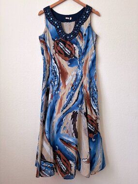 Reba Dress Womens 8 Blue Tan Abstract Print Artsy Beaded Neck Sleeveless Maxi